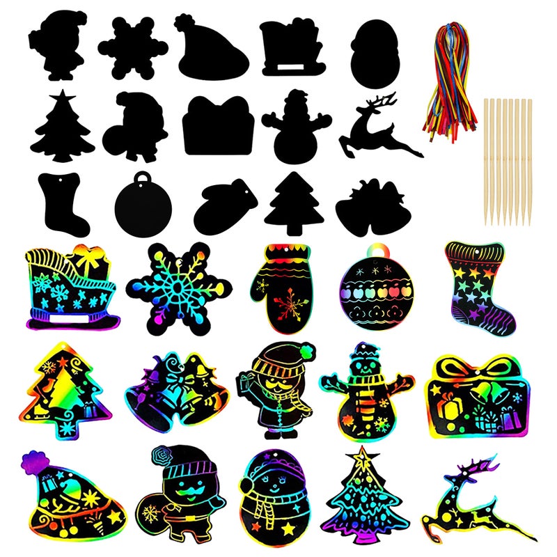 DAIKOYE Christmas Scratch Art Paper 60 Pcs Crafts Kits Magic Rainbow Scratch Cards for Xmas Tree Ornaments and Kids Birthday Decoration with 15 Pcs Drawing Sticks & 60 Pcs Cords - Image 1